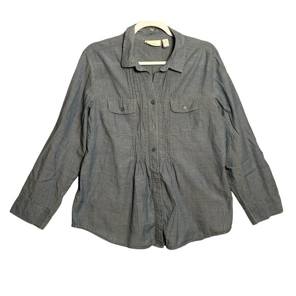 Chicos | Sz: 2 Large Chambray Button Front Blouse Pleated roll-tab sleeve denim - Picture 1 of 8